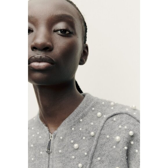 Zara Grey Pearl-Embellished Bomber Zip Cardigan - Picture 3 of 10
